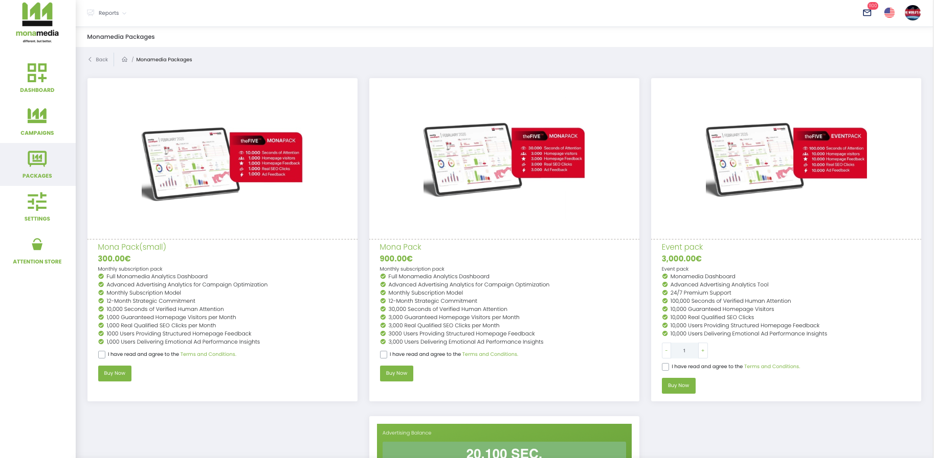 Dashboard annonceur — achat de packs